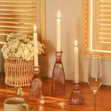 Joyfice Vertical Stripe Candlestick Holders Set of 3, Premium Glass Candle Holders for Candlesticks and Taper Candles, Vintage Candle Holder Decor for Table Centerpiece, Pink