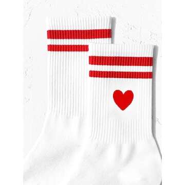 SHENHE Women's Striped Letter Print Athletic Running Above Ankle Crew Socks Heart Red White 40-43
