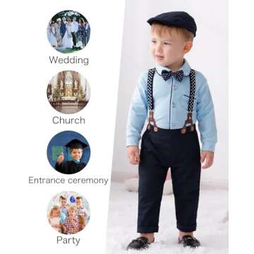 CARETOO Baby Boy Clothes Infant Boy Gentleman Outfits Suit,Dress Shirt + Suspender Pants + Bowtie + Beret Hat Wedding 0-18M