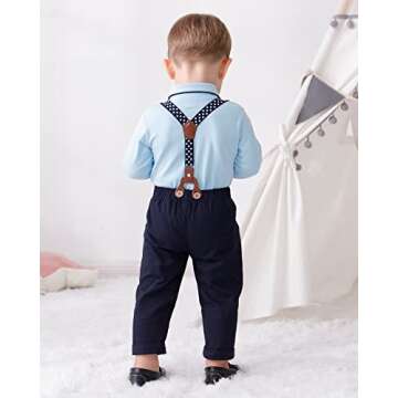 CARETOO Baby Boy Clothes Infant Boy Gentleman Outfits Suit,Dress Shirt + Suspender Pants + Bowtie + Beret Hat Wedding 0-18M