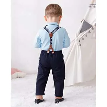 CARETOO Baby Boy Clothes Infant Boy Gentleman Outfits Suit,Dress Shirt + Suspender Pants + Bowtie + Beret Hat Wedding 0-18M