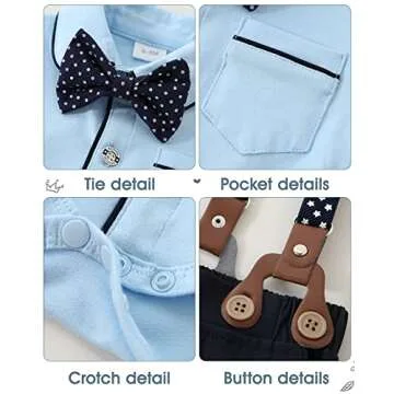 CARETOO Baby Boy Clothes Infant Boy Gentleman Outfits Suit,Dress Shirt + Suspender Pants + Bowtie + Beret Hat Wedding 0-18M