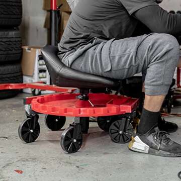 Traxion 2-230 Monster Rolling Padded Mechanic Stool Seat Garage Shop Roller Work Chair with Wheels and Tool Tray, Heavy-Duty 400-lb Capacity, All-Terrain 5" Casters, Black Red