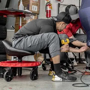 Traxion 2-230 Monster Rolling Padded Mechanic Stool Seat Garage Shop Roller Work Chair with Wheels and Tool Tray, Heavy-Duty 400-lb Capacity, All-Terrain 5" Casters, Black Red