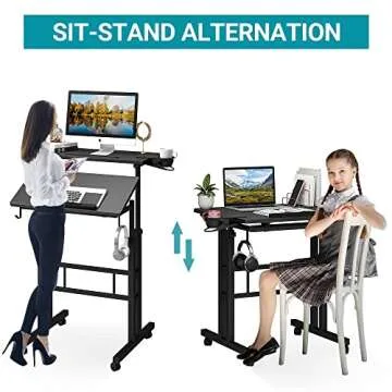 Klvied Adjustable Height Standing Desk with Cup Holder, Portable and Easy to Move, Ideal for Home or Office, Black