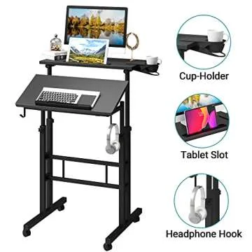 Klvied Adjustable Height Standing Desk with Cup Holder, Portable and Easy to Move, Ideal for Home or Office, Black