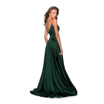 Stunning Emerald Satin V Neck Prom Dress with Slit