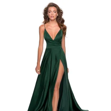Stunning Emerald Satin V Neck Prom Dress with Slit