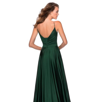 Stunning Emerald Satin V Neck Prom Dress with Slit