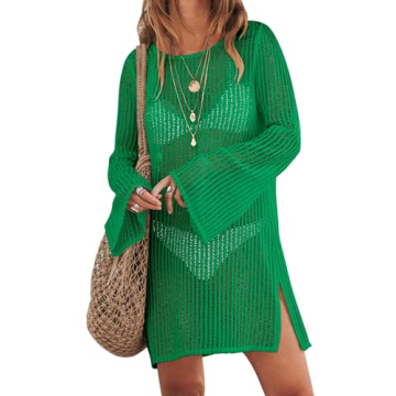 ANRABESS Women Swimsuit Swim Coverup 2024 Long Sleeve Mini Crochet Pool Bathing Suit Swimwear Mesh K...