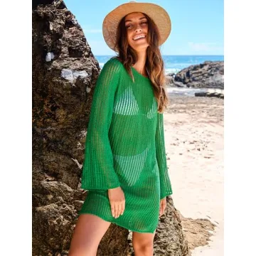 ANRABESS Women Swimsuit Swim Coverup 2024 Long Sleeve Mini Crochet Pool Bathing Suit Swimwear Mesh Knit Beach Vacation Dress Green Medium