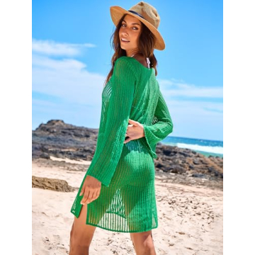 ANRABESS Women Swimsuit Swim Coverup 2024 Long Sleeve Mini Crochet Pool Bathing Suit Swimwear Mesh Knit Beach Vacation Dress Green Medium