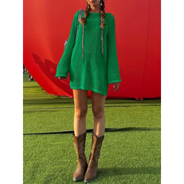 ANRABESS Women Swimsuit Swim Coverup 2024 Long Sleeve Mini Crochet Pool Bathing Suit Swimwear Mesh Knit Beach Vacation Dress Green Medium