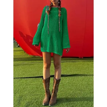 ANRABESS Women Swimsuit Swim Coverup 2024 Long Sleeve Mini Crochet Pool Bathing Suit Swimwear Mesh Knit Beach Vacation Dress Green Medium