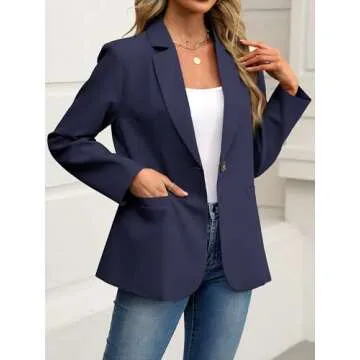ELLEVEN Blazers for Women Business Casual Work Office Long Sleeve Lightweight Button Pockets Notched Lapel Collar Slim Fit Professional Suit Jacket Coat Outfits Padded Shoulder Navy Blue Small