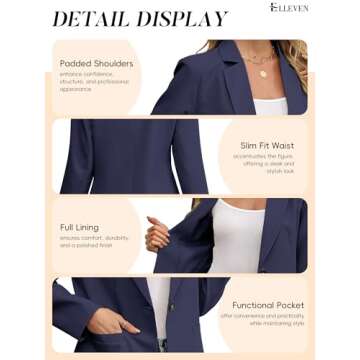 ELLEVEN Blazers for Women Business Casual Work Office Long Sleeve Lightweight Button Pockets Notched Lapel Collar Slim Fit Professional Suit Jacket Coat Outfits Padded Shoulder Navy Blue Small