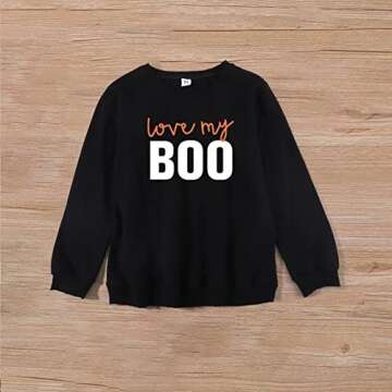 Noubeau Mommy and Me Family Matching Sweatshirt Halloween Outfits for Women and Kids Pumpkin Ghost Long Sleeve Pullover Tops(Boo- Love My Women,Large)