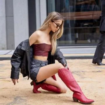 Gradinery Red Cowboy Boots for Women - Stylish Embroidered Design