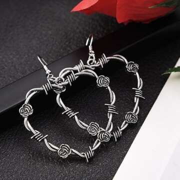 Gothic Barbed Wire Love Heart Drop Dangle Earrings Chunky Big Flower Hoop Metal Thorns for Women Goth Punk Large Hip Hop Party Jewelry-Black
