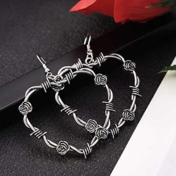 Gothic Barbed Wire Love Heart Drop Dangle Earrings Chunky Big Flower Hoop Metal Thorns for Women Goth Punk Large Hip Hop Party Jewelry-Black