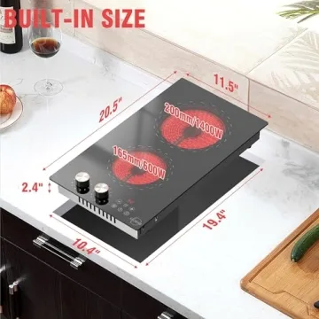 Plug-in 2 Burner Electric Cooktop, 120v Knob Electric Stove Top, 12 Inch Built-in Radiant Electric Stove 110v, Electric Ceramic Cooktop with Child Safety Lock, Timer, Over-Temperature Protection