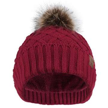 Vmevo Women's Warm Faux Fur Pom Pom Beanie Hat Soft Cable Knit Winter Fleece Lined Skull Cap Cuff Be...