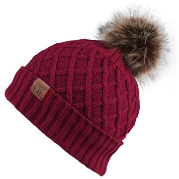 Vmevo Women's Warm Faux Fur Pom Pom Beanie Hat Soft Cable Knit Winter Fleece Lined Skull Cap Cuff Beanie,Burgundy,One_Size