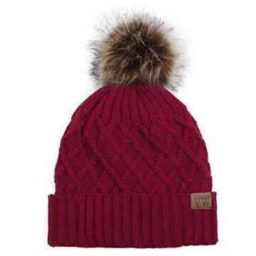 Vmevo Women's Warm Faux Fur Pom Pom Beanie Hat Soft Cable Knit Winter Fleece Lined Skull Cap Cuff Beanie,Burgundy,One_Size