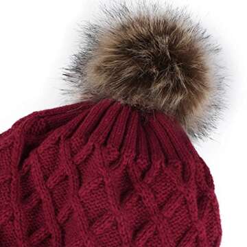 Vmevo Women's Warm Faux Fur Pom Pom Beanie Hat Soft Cable Knit Winter Fleece Lined Skull Cap Cuff Beanie,Burgundy,One_Size