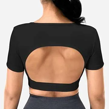 YEOREO Vanessa Women Tee Crop Tops with Removable Pad Workout Backless Gym Shirt Bra Going Out T Shirt Top Black