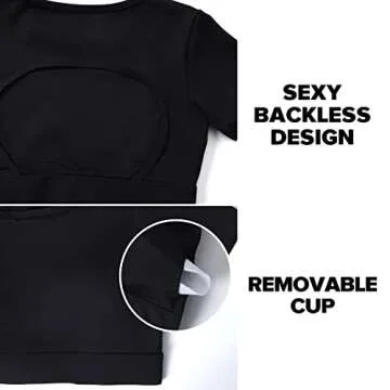 YEOREO Vanessa Women Tee Crop Tops with Removable Pad Workout Backless Gym Shirt Bra Going Out T Shirt Top Black