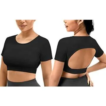 YEOREO Vanessa Women Tee Crop Tops with Removable Pad Workout Backless Gym Shirt Bra Going Out T Shirt Top Black