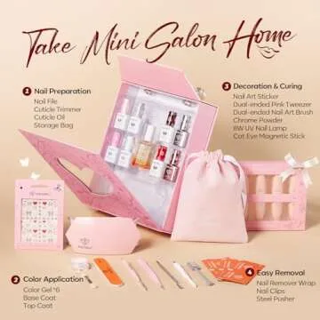 modelones Gel Nail Polish Kit With U V Light, Cat Eye Pearl Pink Red White Manicure Starter Set Sticker Base Top Coat Nail Strengthen Care Chrome Powder Gel Mini Salon For Women Girls