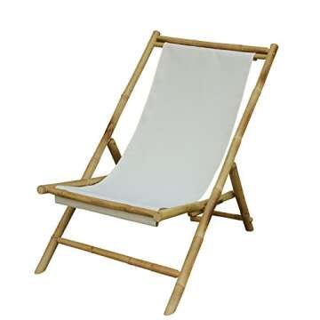 Statra White Folding Bamboo Relax Sling Chair Canvas, 33" H x 24" W x 37" D