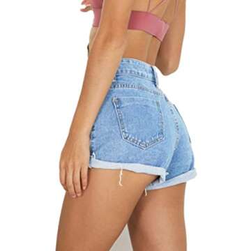 Haola Women's Juniors Vintage Denim High Waisted Folded Hem Jeans Shorts Light Blue L