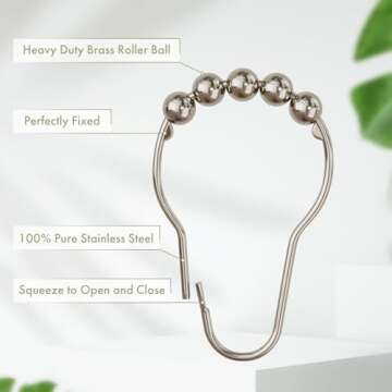 Amazer Shower Curtain Hooks, Decorative Rust Proof Stainless Steel Shower Curtain Hooks for Bathroom Shower Rods Set of 12, Polished Nickel