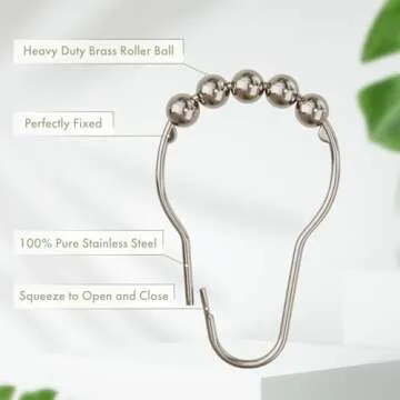 Amazer Shower Curtain Hooks, Decorative Rust Proof Stainless Steel Shower Curtain Hooks for Bathroom Shower Rods Set of 12, Polished Nickel