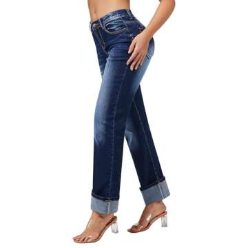 Roswear Women's Straight Leg Jeans: High Waisted Cuffed Denim Pants