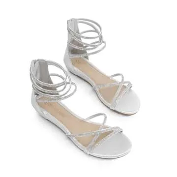 DREAM PAIRS Women's Ankle Strap Flat Sandals Summer Dressy Strappy Gladiator Rhinestones Sandals,Size 7.5,Silver,Weitz