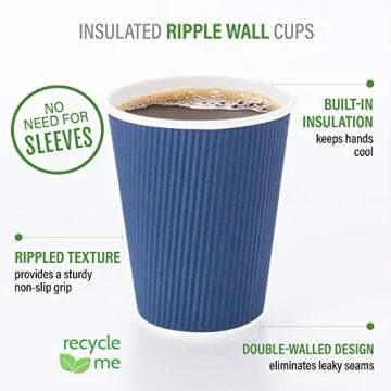 Restaurantware-8 Ounce Disposable Coffee Cups, 25 Double Wall Hot Cups For Coffee - Lids Sold Separately, Rippled Wall, Dark Blue Paper Coffee Cups, For Coffee, Hot Chocolate, Tea And More