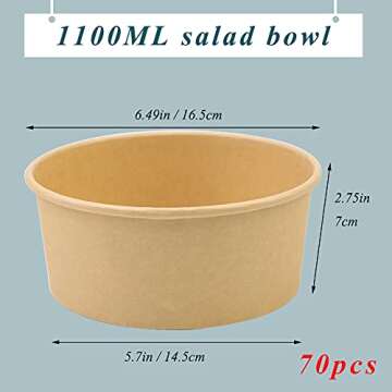 37OZ Paper Bowl , Kraft Paper Salad Bowl, Paper Food Cups for Salad, Round Shape Kraft Paper Salad Bowl for Soup Stews Salad Frozen Dessert Yogurt Ice Cream - 70 Pack