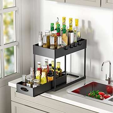 Appolab 2 Pack Under Sink Organizer, 2-Tier Sliding Cabinet Basket and Storage Bathroom Kitchen Cabinet Organizer with Hooks The Bottom Drawers Can Be Slid Out