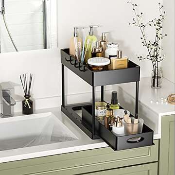 Appolab 2 Pack Under Sink Organizer, 2-Tier Sliding Cabinet Basket and Storage Bathroom Kitchen Cabinet Organizer with Hooks The Bottom Drawers Can Be Slid Out