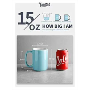 Sweese 608.002 Porcelain Mugs Set, 15 Ounce Large Handle Mugs, Set of 6, Multicolor, Hot Assorted colors