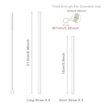 Kiemeu 16 Pack Clear Glass Straws Shatter Resistant, 8 Short Glass Straws For Cocktails And 8 Long Glass Straws, 7 mm Diameter Thin Reusable Straws