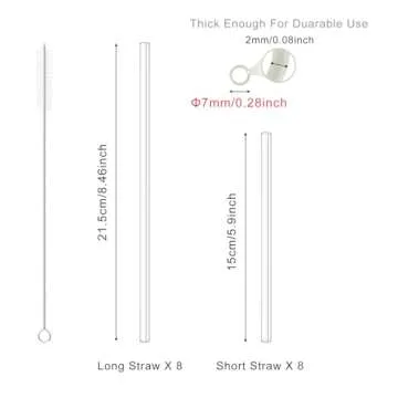 Kiemeu 16 Pack Clear Glass Straws Shatter Resistant, 8 Short Glass Straws For Cocktails And 8 Long Glass Straws, 7 mm Diameter Thin Reusable Straws