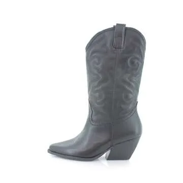 Steve Madden West Black Leather Pull On Pointed Toe Block Heel Western Boots (Black Leather, 7.5)