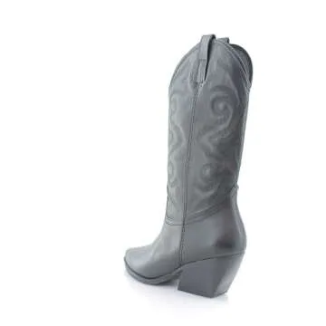 Steve Madden West Black Leather Pull On Pointed Toe Block Heel Western Boots (Black Leather, 7.5)