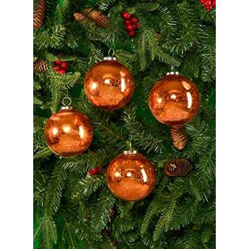 Serene Spaces Living Set of 4 Antique Copper Mercury Glass Balls, Ornaments for Holiday Décor, Meas...