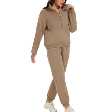 PEHMEA Women's 2 Piece Sweatsuit Outfit, Fleece Long Sleeve Half Zip Pullover Winter Comfy Lounge Sets for Women(Khaki-S)